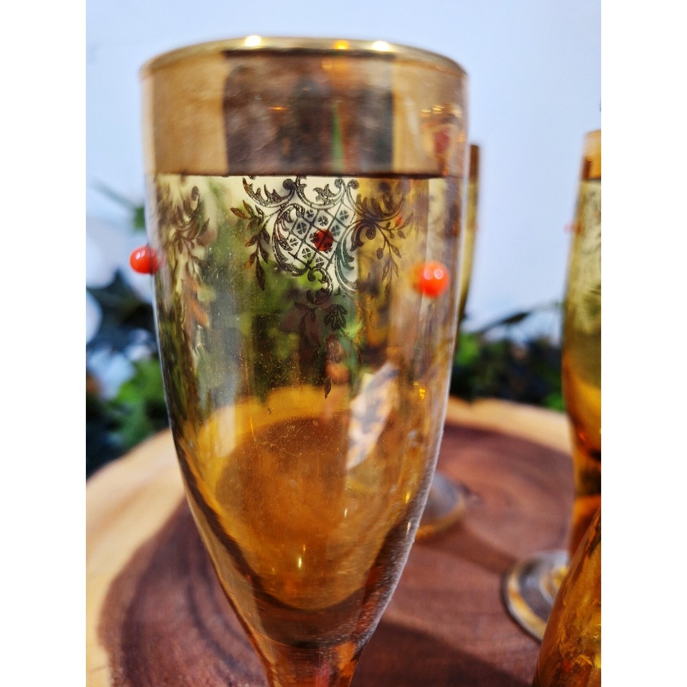 Very Rare Set of 4 Vintage Gold and Beaded Stem Cordial Liqueur glasses Carnival - Picture 5 of 10